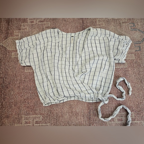Free People Tops - Free People faux wrap v neck plaid tie shirt sleeve blouse size medium